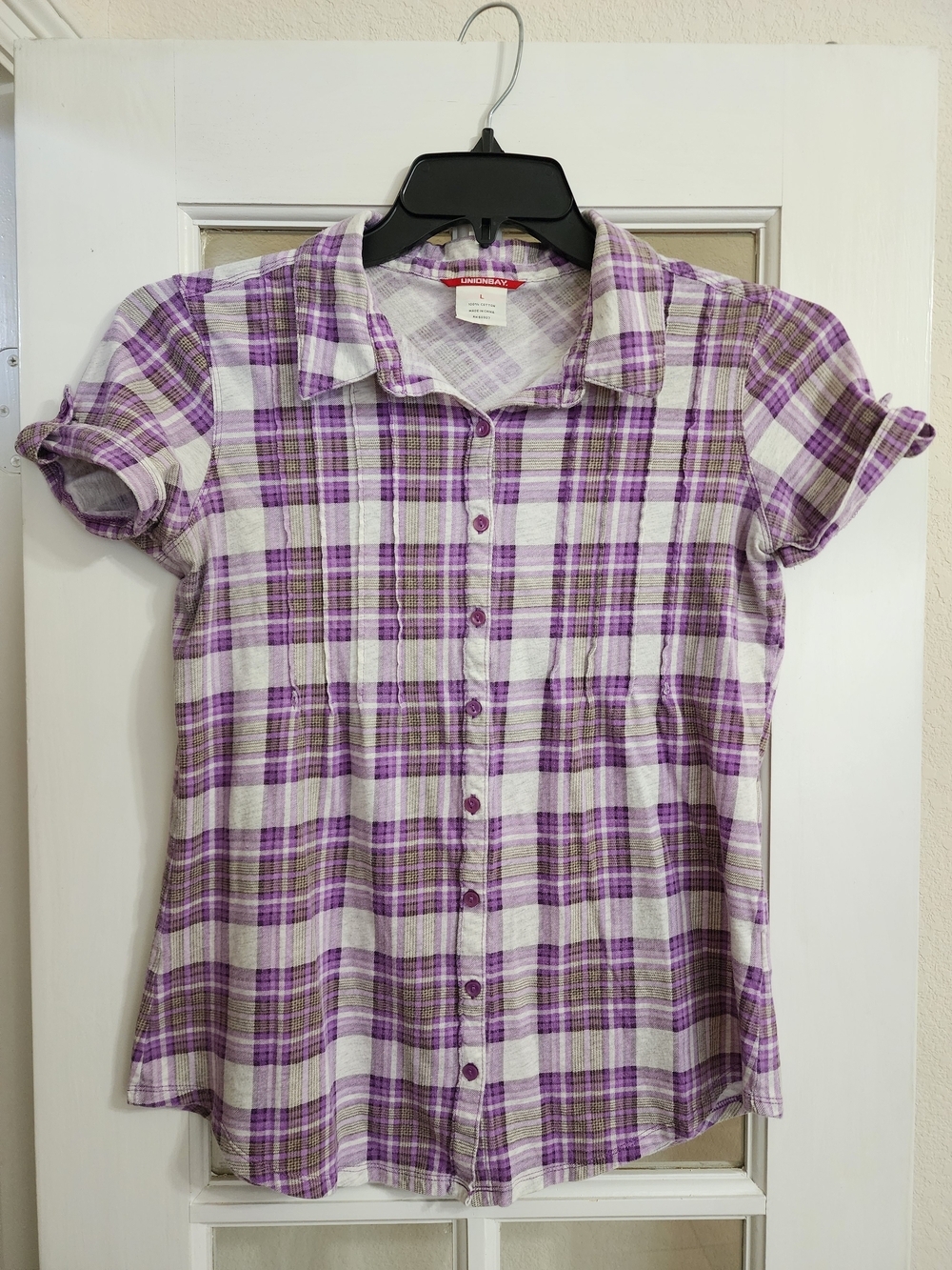 Unionbay Y2K Purple Plaid Cotton Pintuck Button Front Blouse Women's Large